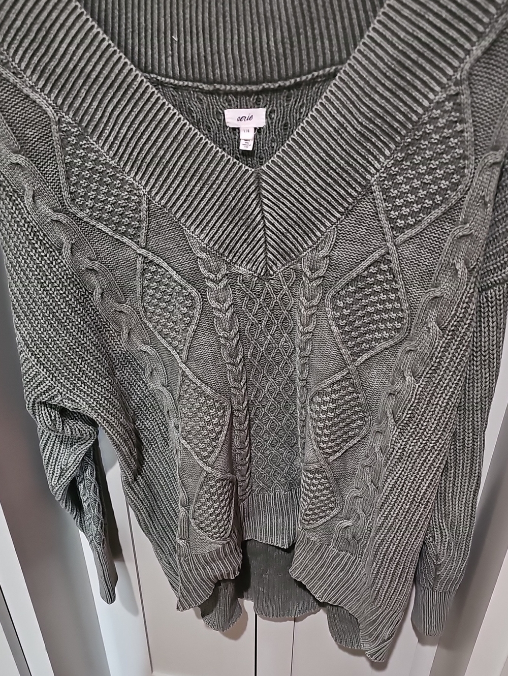 aerie Olive Mineral Wash Cable-Knit V-Neck Sweater